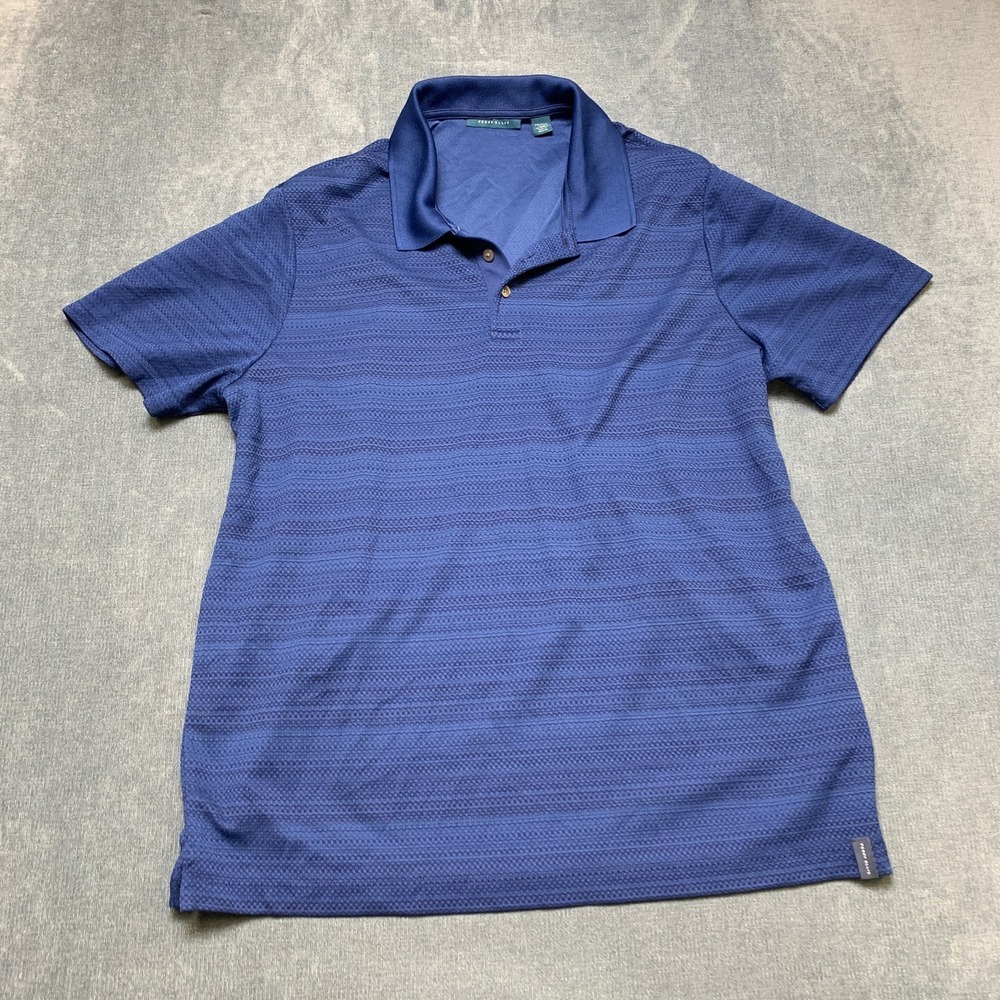 Perry Ellis Golf Polo Shirt Mens XL Blue Textured Short Sleeve Slit Performance